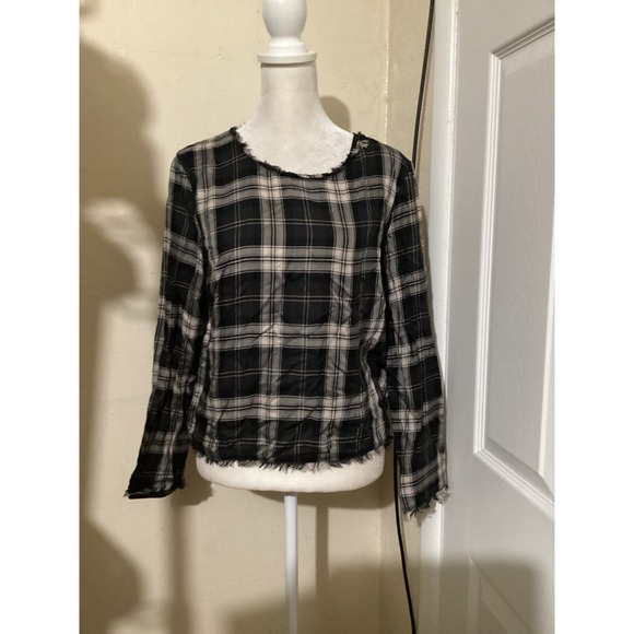 DREW Tops - Drew Black White Plaid Tencel Frayed Edge Long Sleeve Blouse Top Small Keyhole